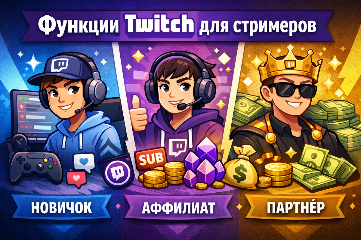 Функции Twitch для стримеров: от новичка до партнёра — что открывается на каждом уровне